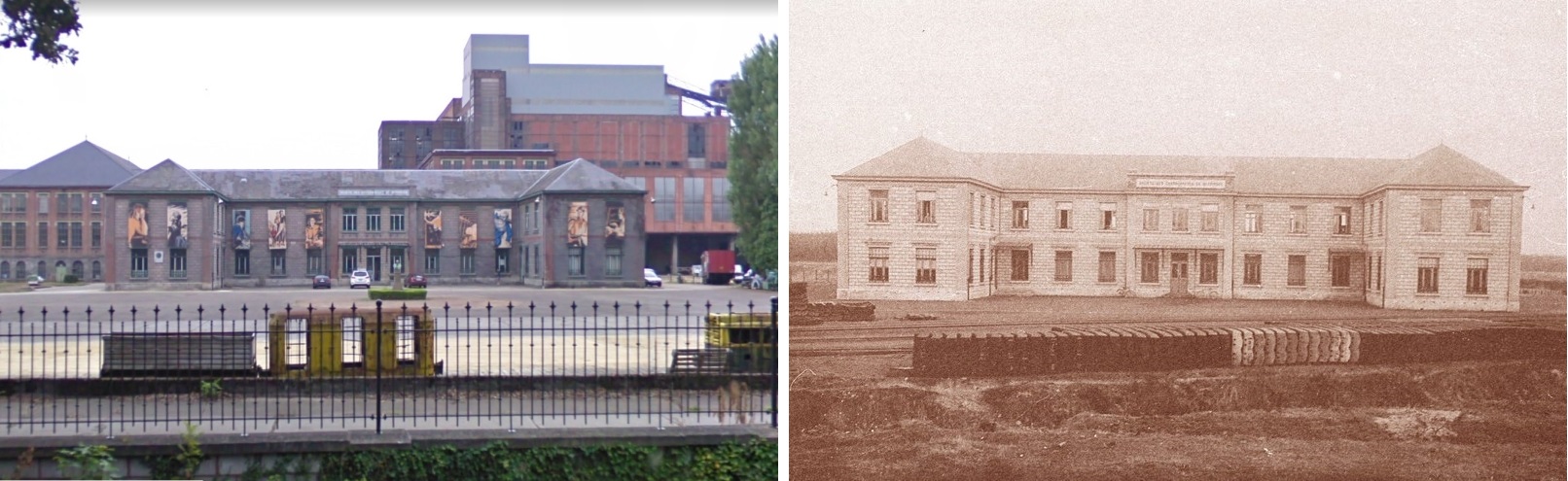 Bureelgebouw van Beringen mijn. Vergelijking tussen een foto van 1918 en 2017.