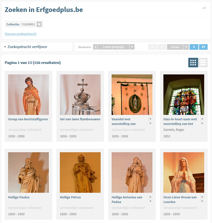 Schermfoto van religieus erfgoed uit de online inventaris van Gelinden.