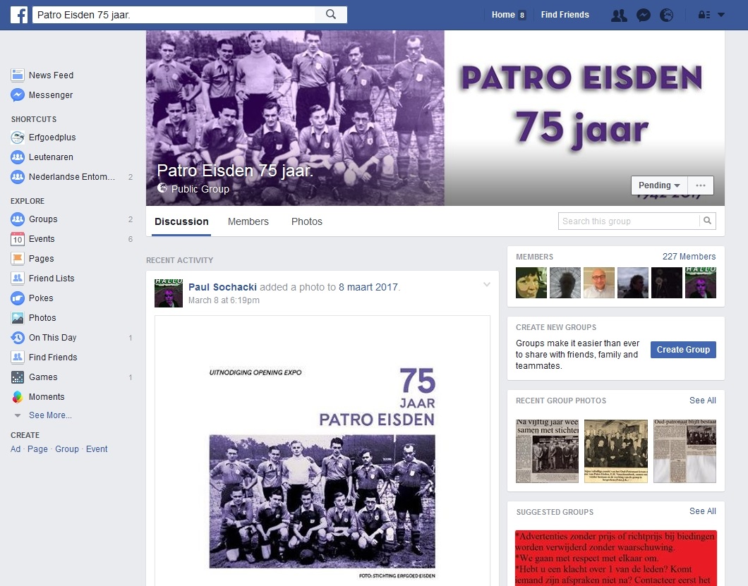 Schermfoto van de groep '75 jaar Patro Eisden' op Facebook.