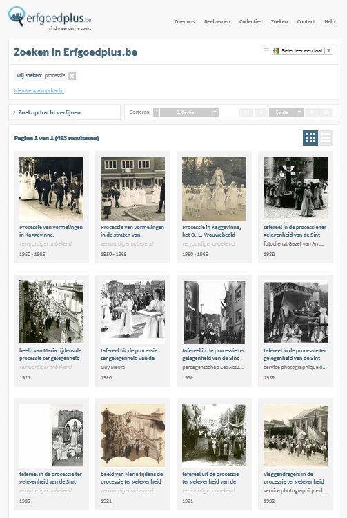 Schermfoto van zoekresultaten over processies op Erfgoedplus.be