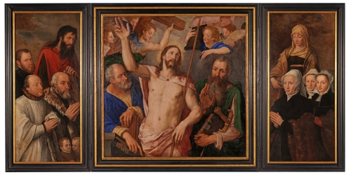 Michiel Coxcie, Triptiek met de triomf van Christus en de schenkersfamilie Morillon, 1556-1567, eik, middenpaneel 153 x 155 cm, zijpanelen 160 x 70 cm, collectie museum M-Leuven inv.nr. S/43/C. Foto: Paul Laes