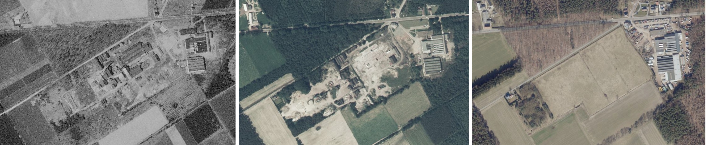 Collage van drie luchtfotos. Van een fabriek tot lege weide.