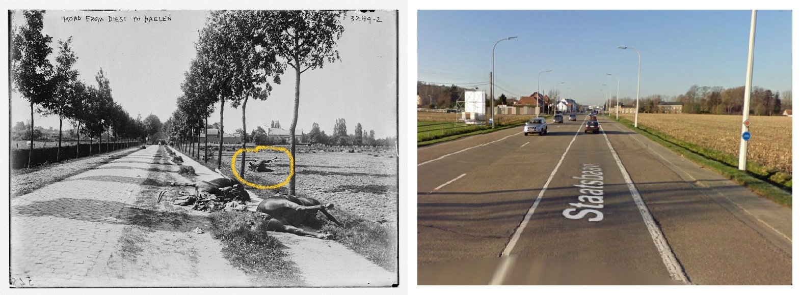 Archieffoto van het slagveld van halen en dezelfde locatie, de baan naar Diest, nu.