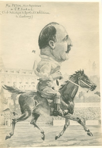 Karikatuur van Clément Peten een lokaal bestuurder van het CPSAL. Hij is gezeten op een renpaard.