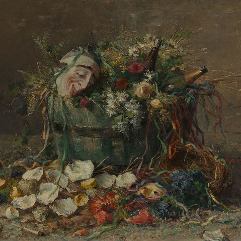 Expressionistisch schilderij van een vuilnisemmer met lege flessen, papierslingers en een masker.
