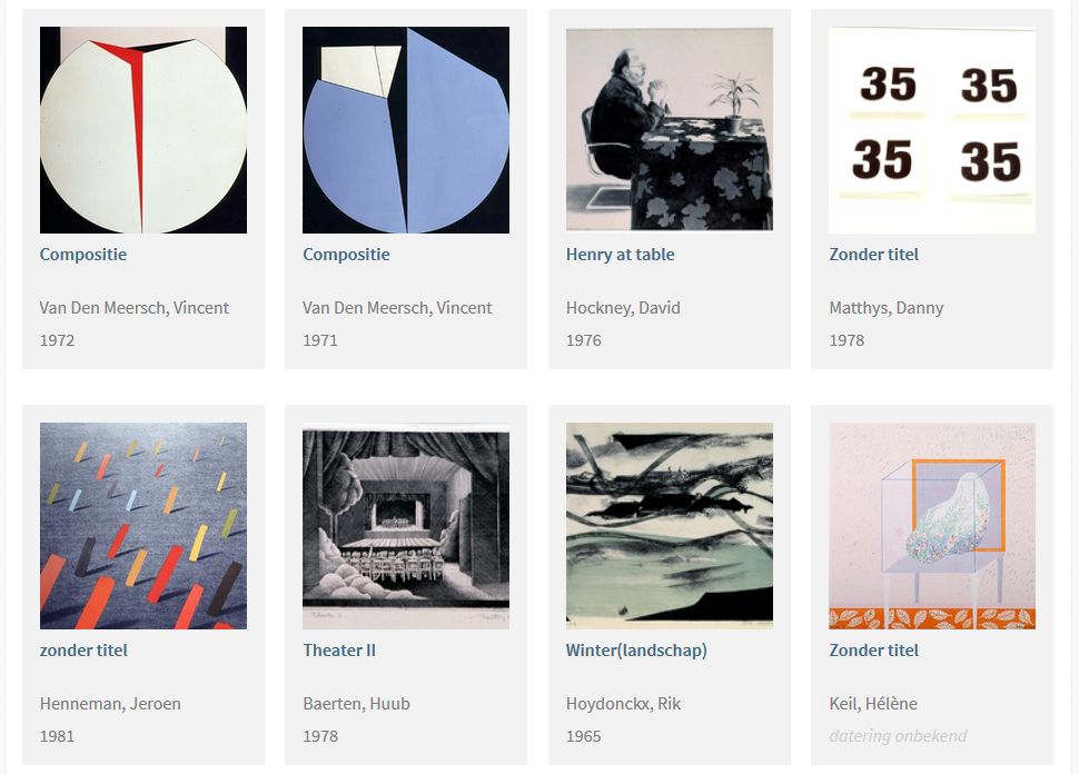 Schermfoto van de online catalogus van de provinciale kunstcollectie. Een collage van kunstwerken.