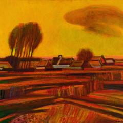 fragment uit een landschapsschilderij in fel gele, oranje en rode kleuren.
